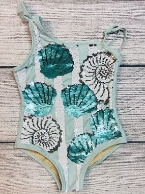 Girls Mint Sequin Shell One-Piece Swimsuit